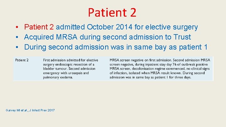 Patient 2 • Patient 2 admitted October 2014 for elective surgery • Acquired MRSA