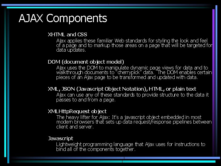 AJAX Components XHTML and CSS Ajax applies these familiar Web standards for styling the