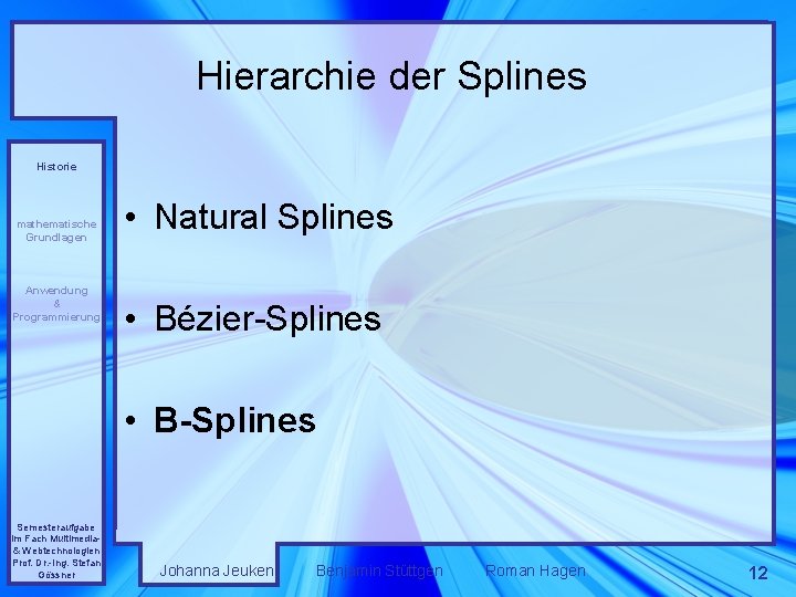 Hierarchie der Splines Historie mathematische Grundlagen Anwendung & Programmierung • Natural Splines • Bézier-Splines