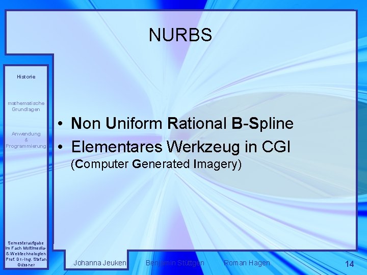 NURBS Historie mathematische Grundlagen Anwendung & Programmierung • Non Uniform Rational B-Spline • Elementares