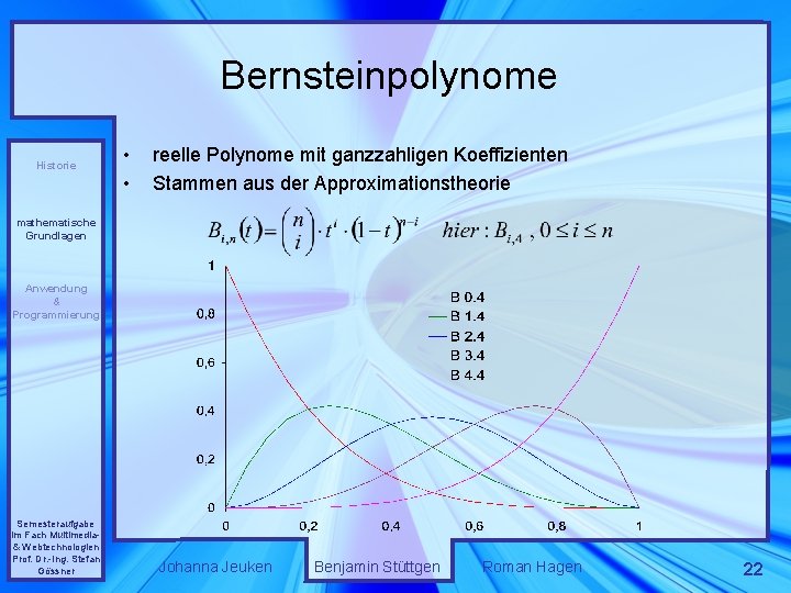 Bernsteinpolynome Historie • • reelle Polynome mit ganzzahligen Koeffizienten Stammen aus der Approximationstheorie mathematische