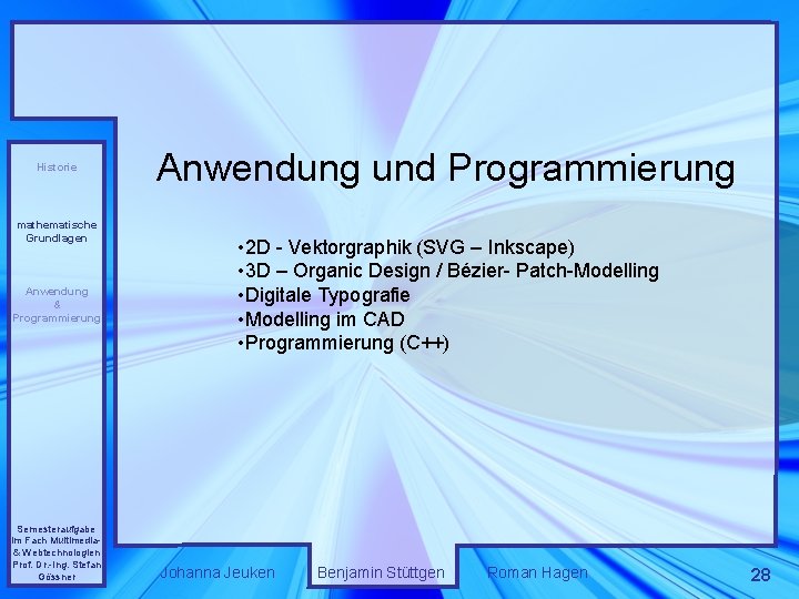 Historie mathematische Grundlagen Anwendung & Programmierung Semesteraufgabe im Fach Multimedia& Webtechnologien Prof. Dr. -Ing.