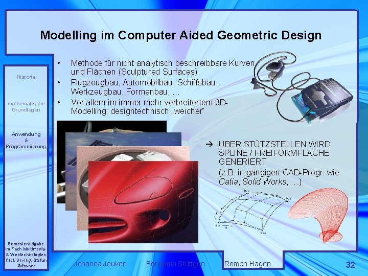 Modelling im Computer Aided Geometric Design • Historie mathematische Grundlagen • • Methode für