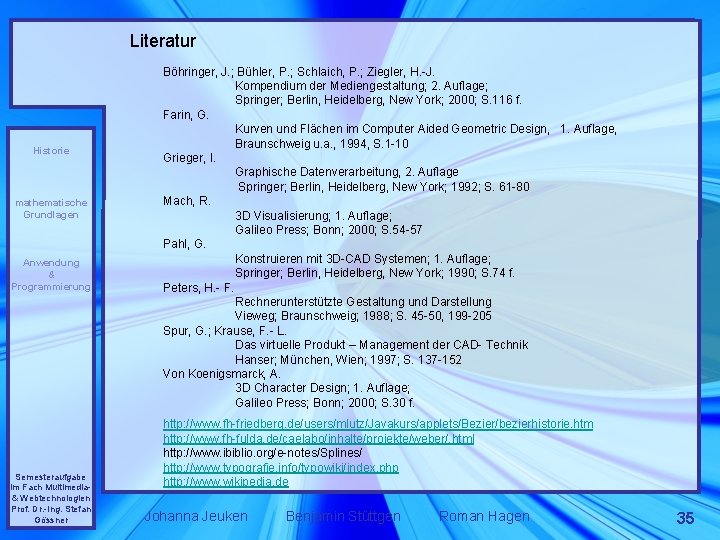 Literatur Historie mathematische Grundlagen Anwendung & Programmierung Semesteraufgabe im Fach Multimedia& Webtechnologien Prof. Dr.