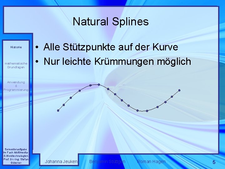 Natural Splines Historie mathematische Grundlagen • Alle Stützpunkte auf der Kurve • Nur leichte