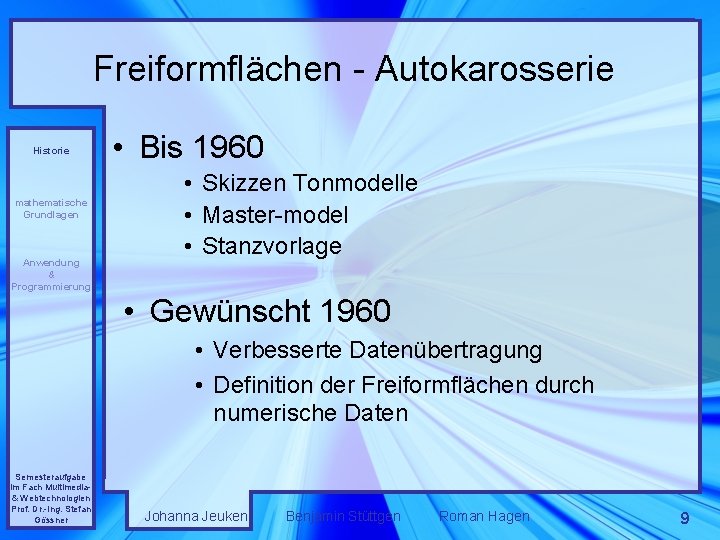 Freiformflächen - Autokarosserie Historie mathematische Grundlagen Anwendung & Programmierung • Bis 1960 • Skizzen