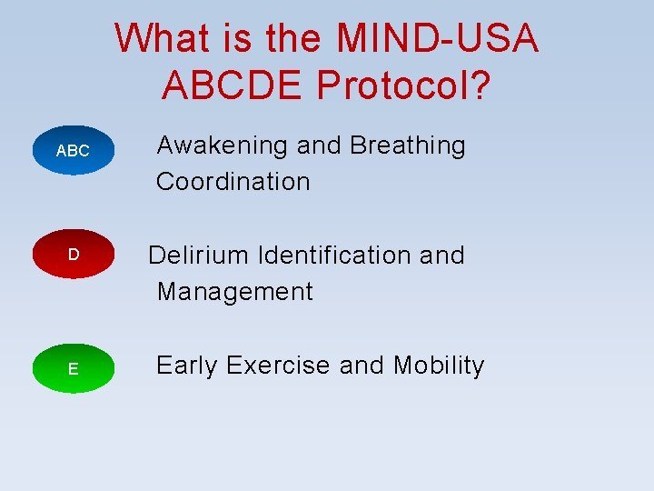 What is the MIND-USA ABCDE Protocol? ABC D E Awakening and Breathing Coordination Delirium What is the MIND-USA ABCDE Protocol? ABC D E Awakening and Breathing Coordination Delirium
