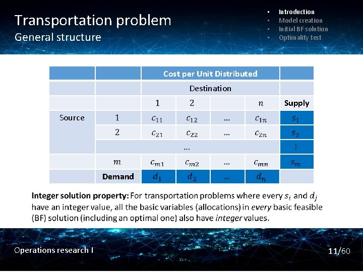  • • Transportation problem General structure Introduction Model creation Initial BF solution Optimality