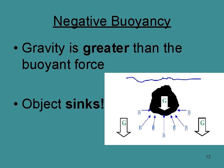 Negative Buoyancy • Gravity is greater than the buoyant force • Object sinks! 12