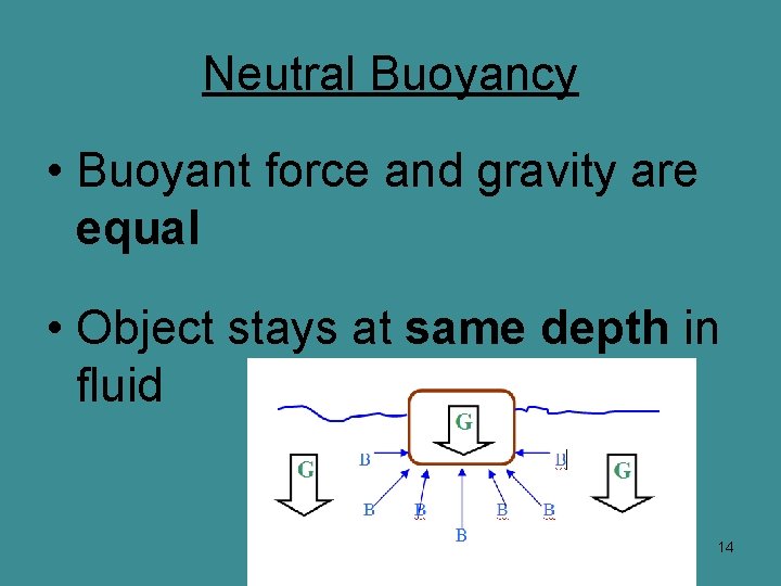 Neutral Buoyancy • Buoyant force and gravity are equal • Object stays at same