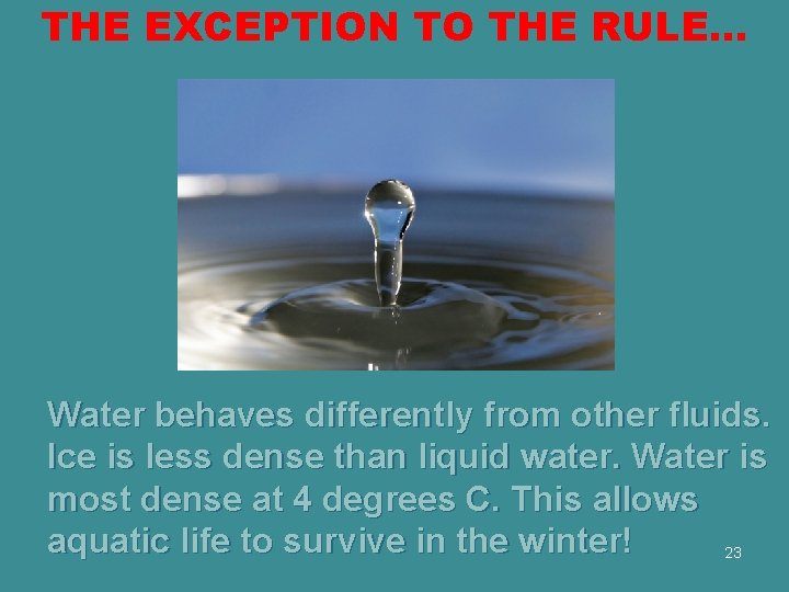 THE EXCEPTION TO THE RULE… Water behaves differently from other fluids. Ice is less