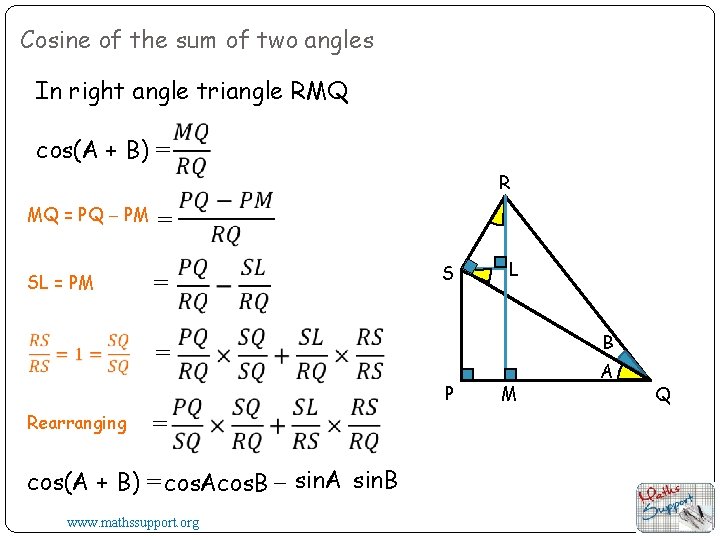 Cosine of the sum of two angles In right angle triangle RMQ cos(A +