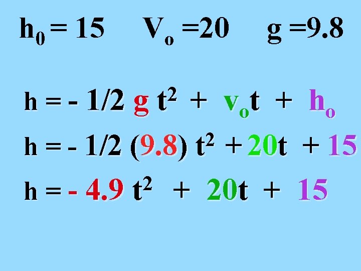 h 0 = 15 Vo =20 h = - 1/2 g 2 t g