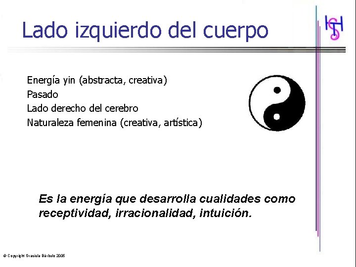 Lado izquierdo del cuerpo Energía yin (abstracta, creativa) Pasado Lado derecho del cerebro Naturaleza