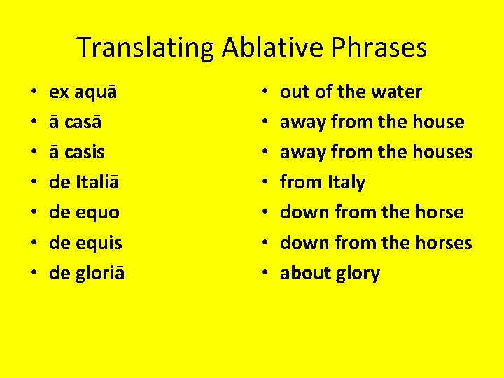 Translating Ablative Phrases • • ex aquā ā casis de Italiā de equo de