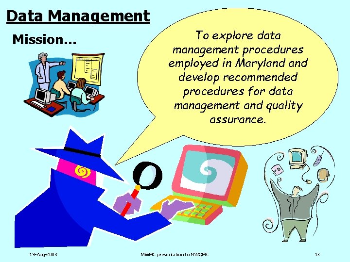Data Management Mission… 19 -Aug-2003 To explore data management procedures employed in Maryland develop