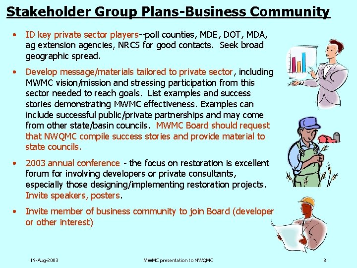 Stakeholder Group Plans-Business Community • ID key private sector players--poll counties, MDE, DOT, MDA,