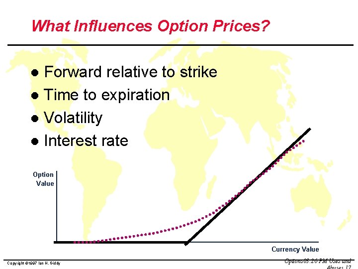 What Influences Option Prices? Forward relative to strike l Time to expiration l Volatility