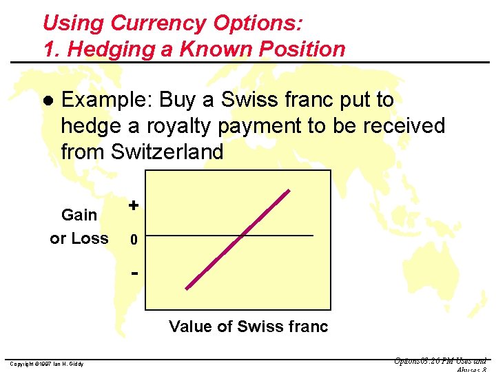 Using Currency Options: 1. Hedging a Known Position l Example: Buy a Swiss franc