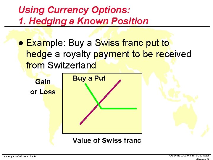 Using Currency Options: 1. Hedging a Known Position l Example: Buy a Swiss franc