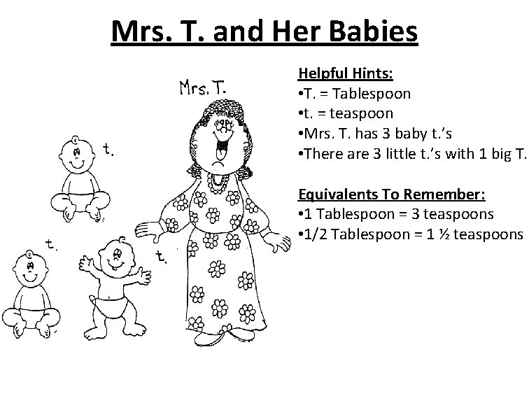 Mrs. T. and Her Babies Helpful Hints: • T. = Tablespoon • t. =