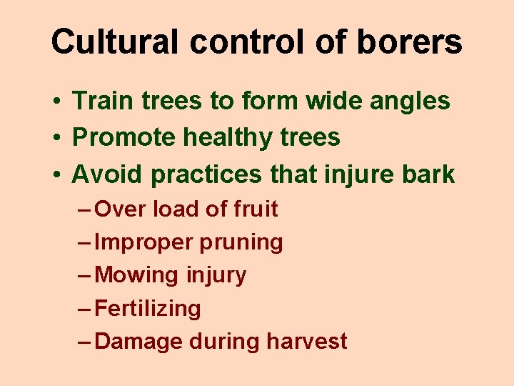 Cultural control of borers • Train trees to form wide angles • Promote healthy