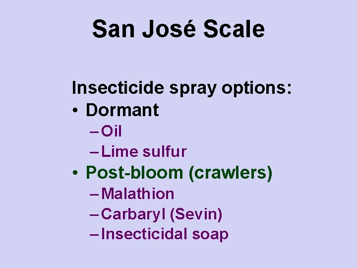 San José Scale Insecticide spray options: • Dormant – Oil – Lime sulfur •