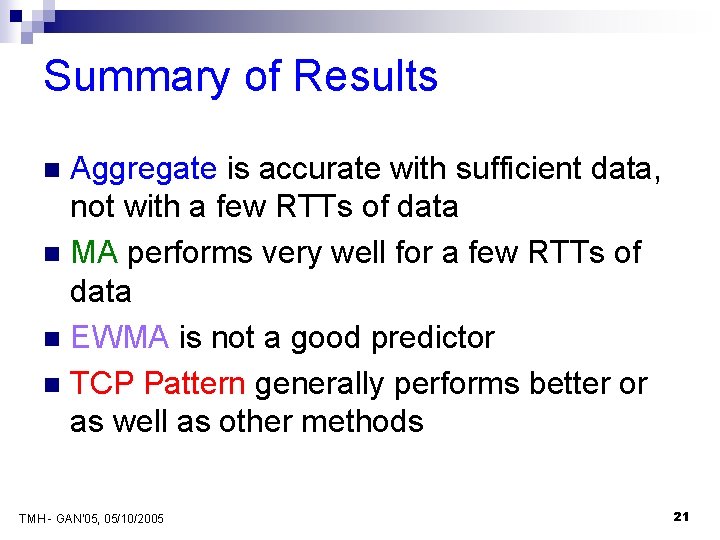 Summary of Results Aggregate is accurate with sufficient data, not with a few RTTs