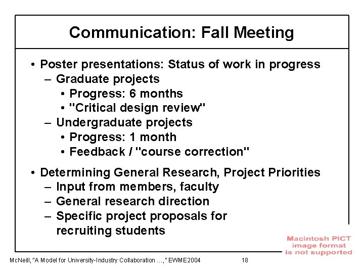 Communication: Fall Meeting • Poster presentations: Status of work in progress – Graduate projects