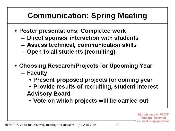 Communication: Spring Meeting • Poster presentations: Completed work – Direct sponsor interaction with students