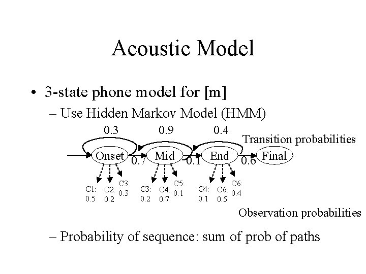 Acoustic Model • 3 -state phone model for [m] – Use Hidden Markov Model