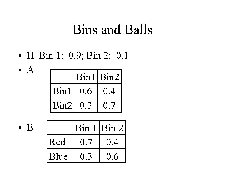 Bins and Balls • Π Bin 1: 0. 9; Bin 2: 0. 1 •