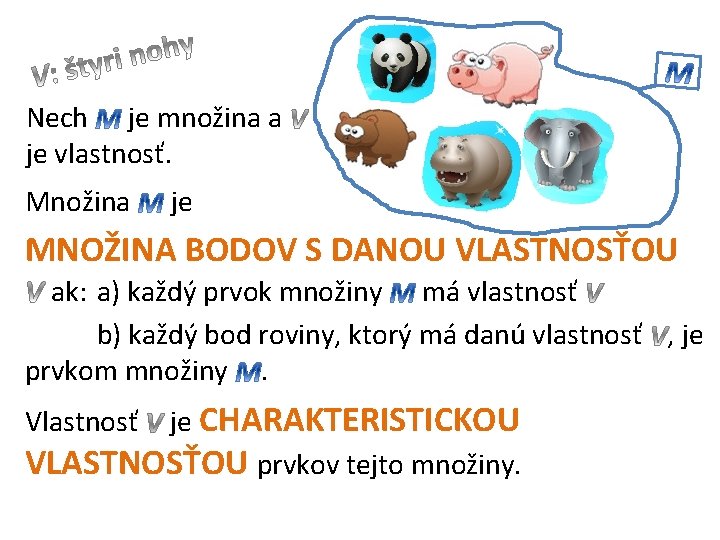Nech je množina a je vlastnosť. Množina je MNOŽINA BODOV S DANOU VLASTNOSŤOU ak: