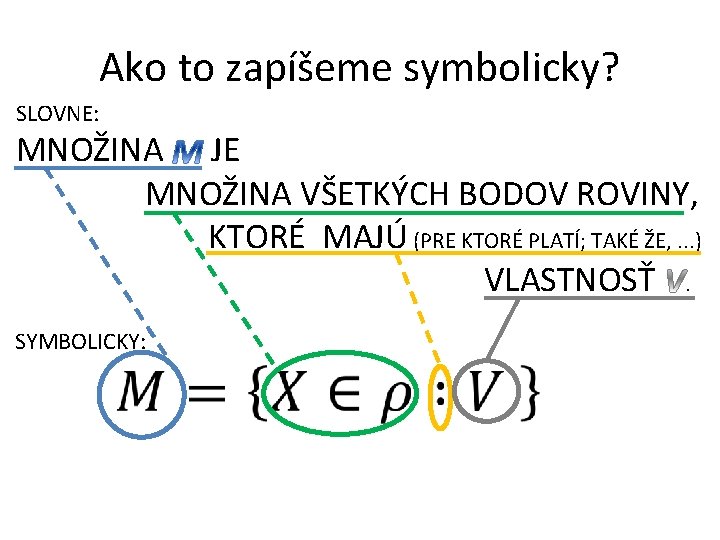 Ako to zapíšeme symbolicky? SLOVNE: MNOŽINA JE MNOŽINA VŠETKÝCH BODOV ROVINY, KTORÉ MAJÚ (PRE