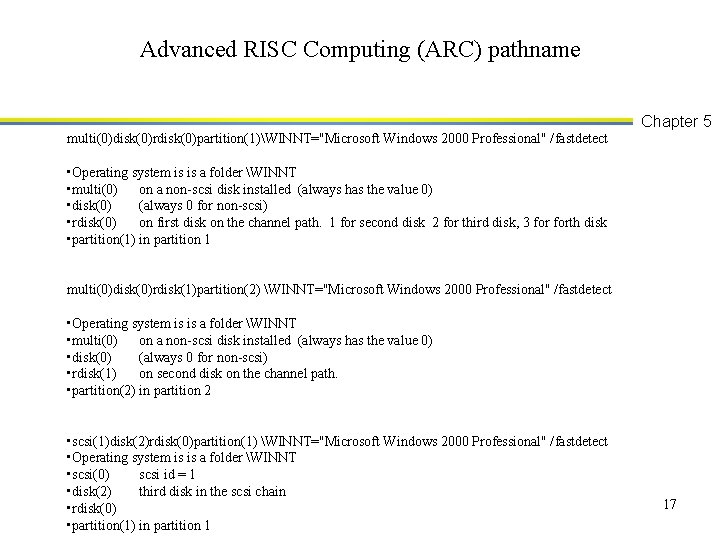Advanced RISC Computing (ARC) pathname multi(0)disk(0)rdisk(0)partition(1)WINNT="Microsoft Windows 2000 Professional" /fastdetect Chapter 5 • Operating