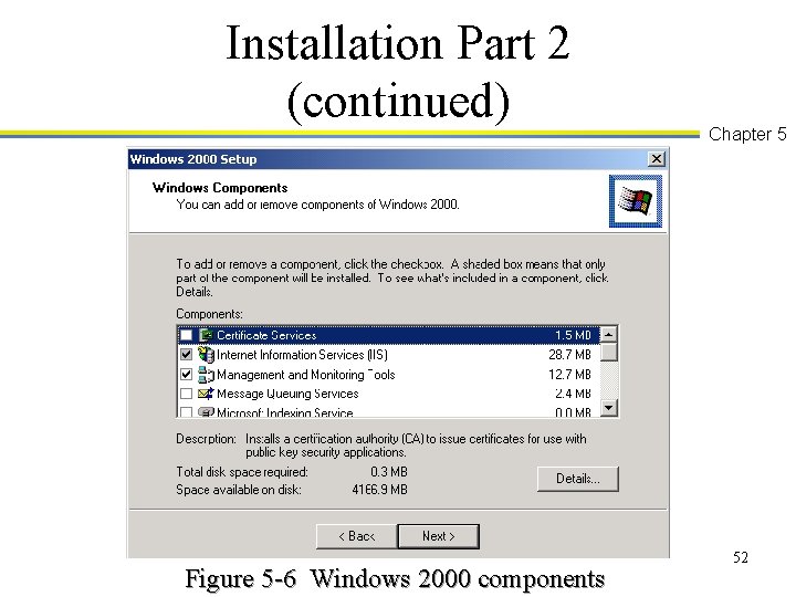 Installation Part 2 (continued) Figure 5 -6 Windows 2000 components Chapter 5 52 