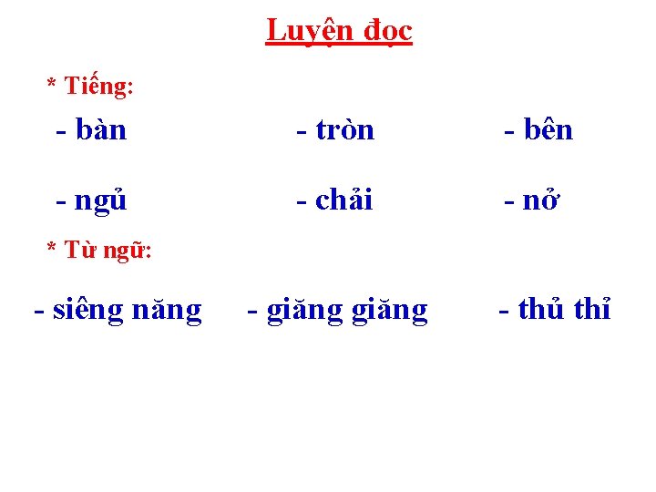 Luyện đọc * Tiếng: - bàn - tròn - bên - ngủ - chải