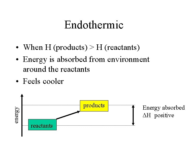 Endothermic energy • When H (products) > H (reactants) • Energy is absorbed from