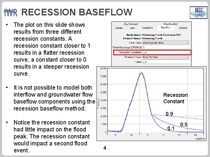 RECESSION BASEFLOW • The plot on this slide shows results from three different recession
