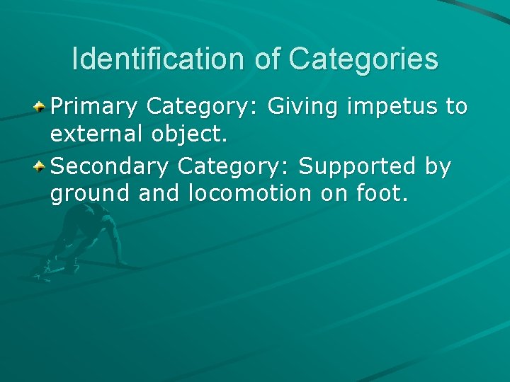 Identification of Categories Primary Category: Giving impetus to external object. Secondary Category: Supported by