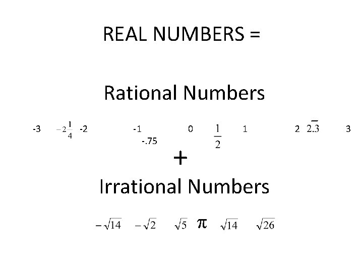 REAL NUMBERS = Rational Numbers -3 -2 -1 -. 75 0 1 + Irrational