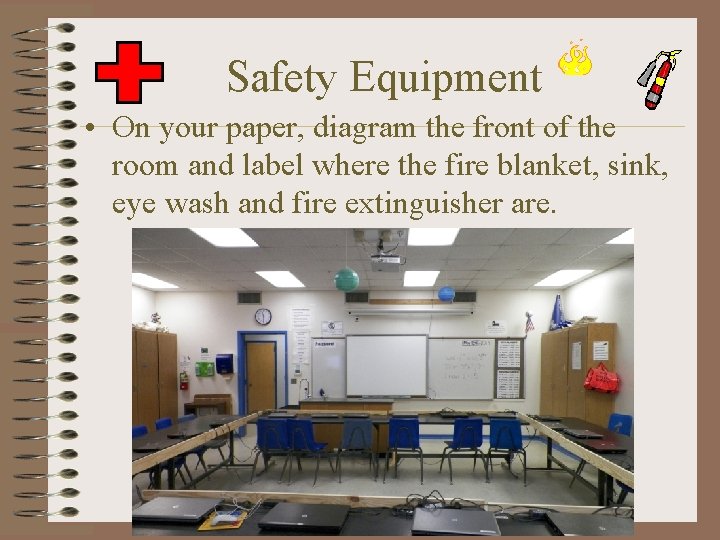 Safety Equipment • On your paper, diagram the front of the room and label