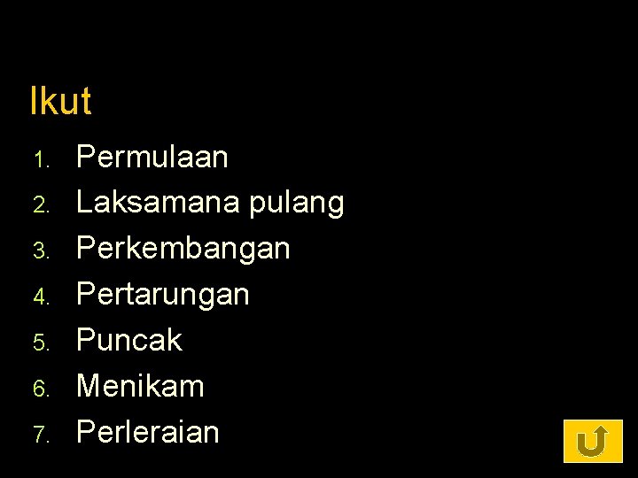 Ikut 1. 2. 3. 4. 5. 6. 7. Permulaan Laksamana pulang Perkembangan Pertarungan Puncak