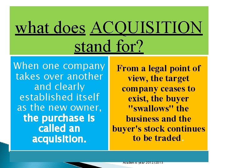what does ACQUISITION stand for? When one company From a legal point of takes