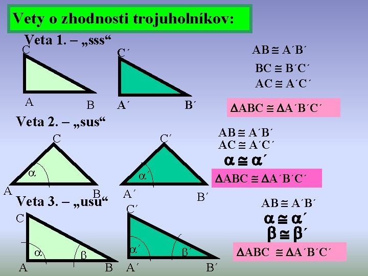 Vety o zhodnosti trojuholníkov: Veta 1. – „sss“ C A B AB A´B´ BC