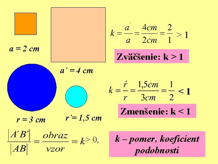 >1 a = 2 cm Zväčšenie: k > 1 a´ = 4 cm <1