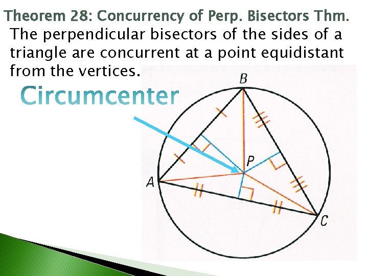 Theorem 28: Concurrency of Perp. Bisectors Thm. The perpendicular bisectors of the sides of