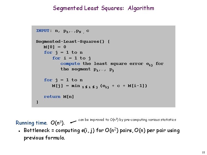 Segmented Least Squares: Algorithm INPUT: n, p 1, …, p. N , c Segmented-Least-Squares()