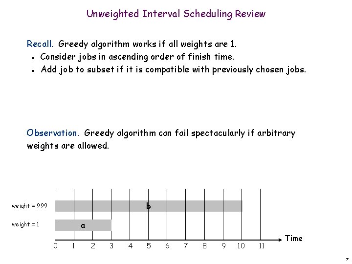 Unweighted Interval Scheduling Review Recall. Greedy algorithm works if all weights are 1. Consider