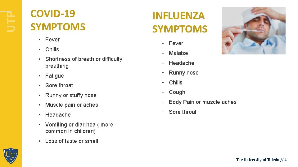 UTP COVID-19 SYMPTOMS • Fever • Chills • Shortness of breath or difficulty breathing